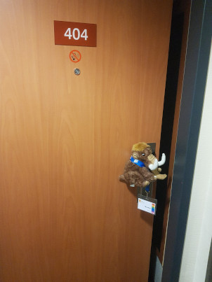 Moothel sitting on the door handle of room 404