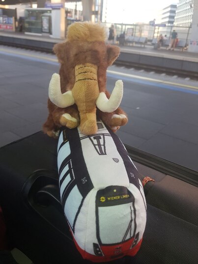 Moothel sitting on a plush tram.